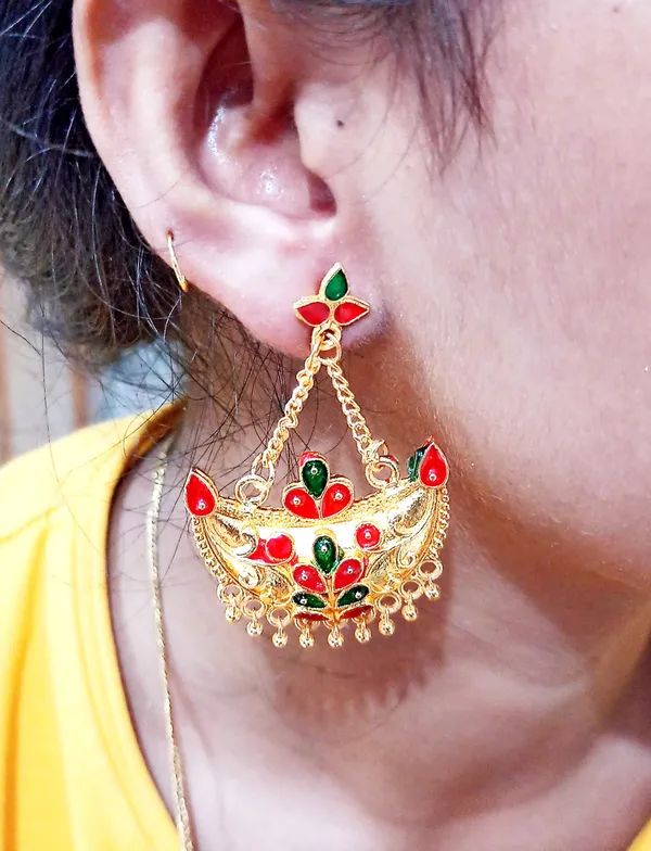 Assamese_Traditional_Copper_Gold_Plated_Red_Green_Jhumki_Earring_For_Girls_&_Women